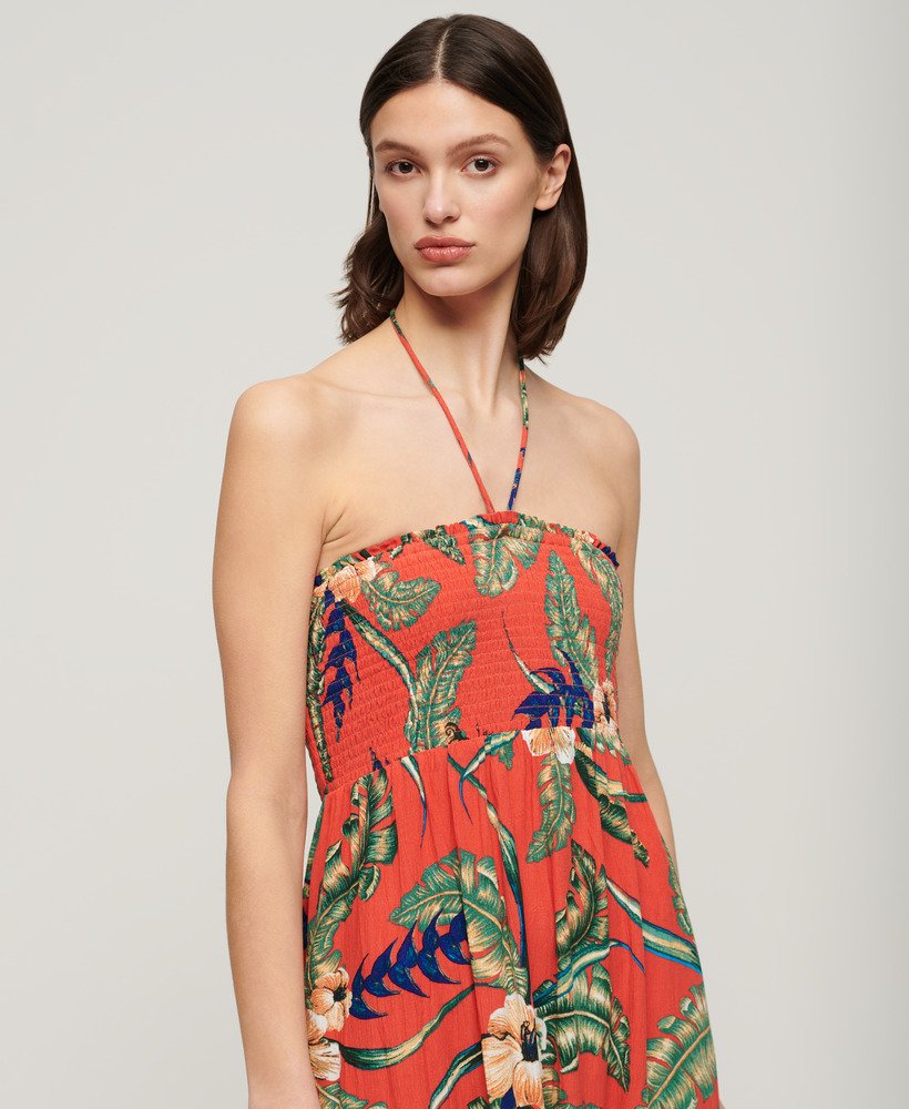 vestido midi de praia com franzido na cor vermelha havaiana eden.