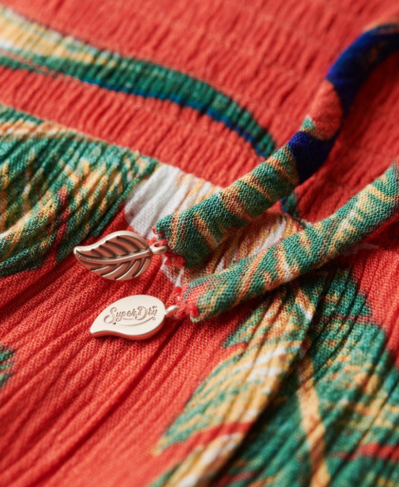 vestido midi de praia com franzido na cor vermelha havaiana eden.