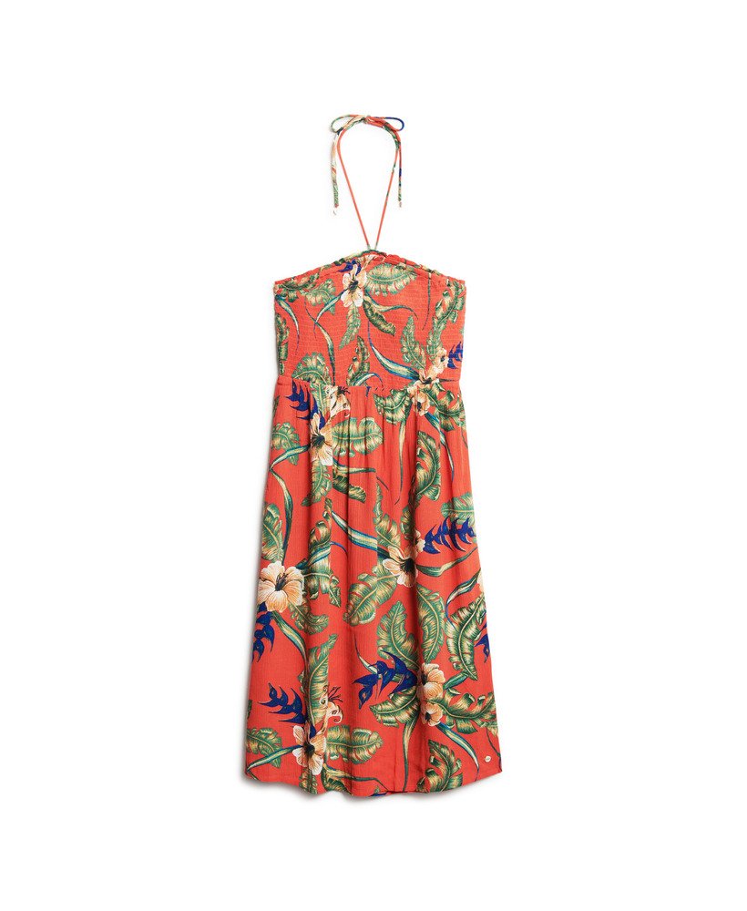 vestido midi de praia com franzido na cor vermelha havaiana eden.