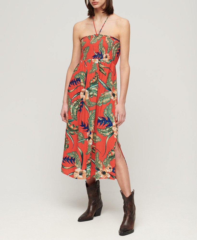 vestido midi de praia com franzido na cor vermelha havaiana eden.