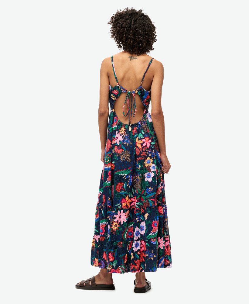 vestido longo de alças com franzido em estampa floral vera azul marinho.