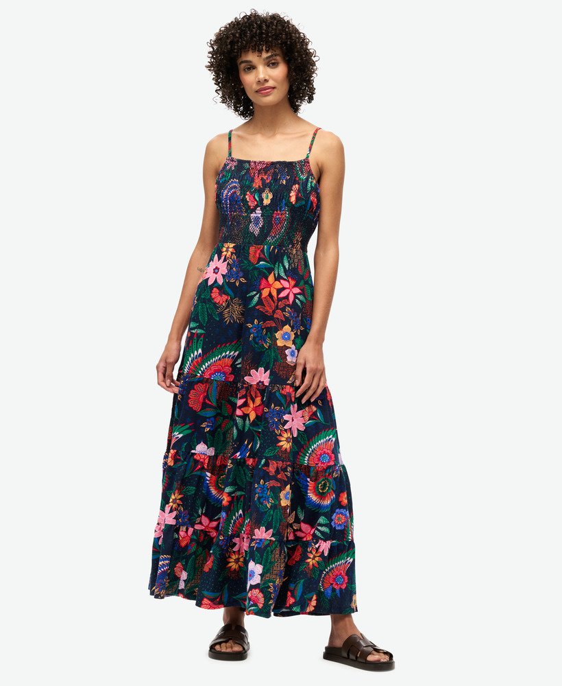 vestido longo de alças com franzido em estampa floral vera azul marinho.