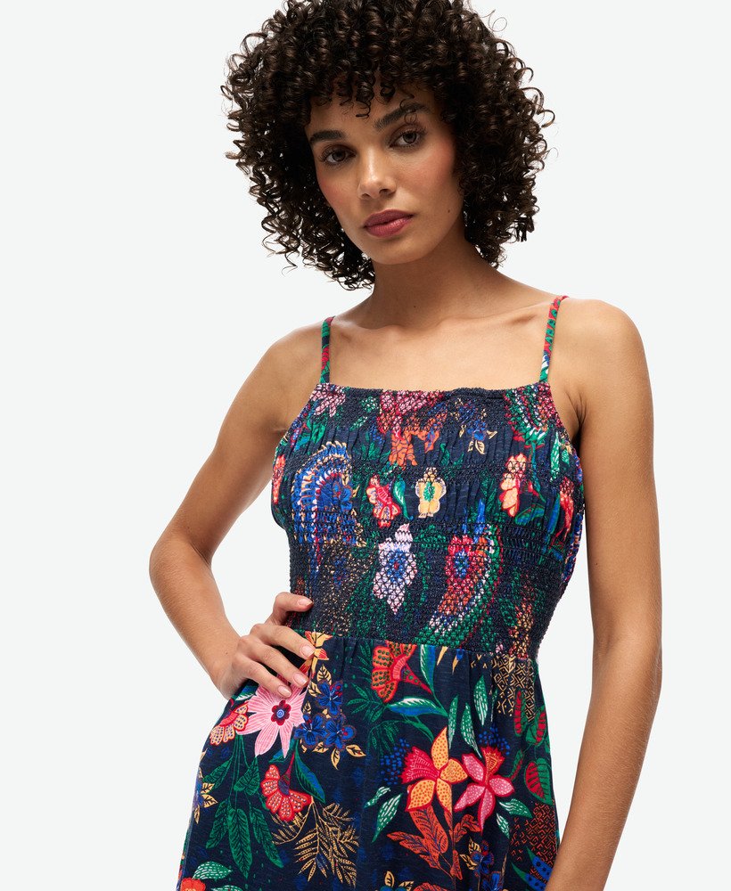 vestido longo de alças com franzido em estampa floral vera azul marinho.