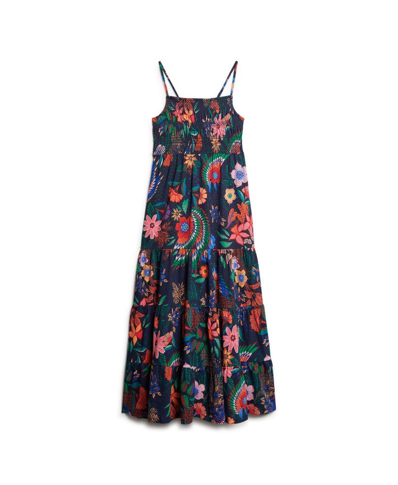 vestido longo de alças com franzido em estampa floral vera azul marinho.
