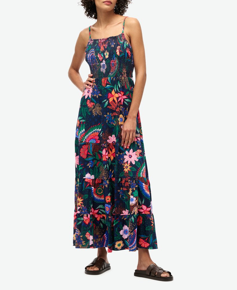 vestido longo de alças com franzido em estampa floral vera azul marinho.