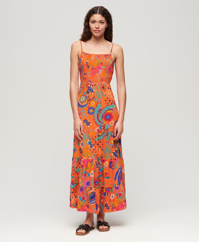 vestido longo de alcinha com detalhe franzido em estampa floral laranja vera.