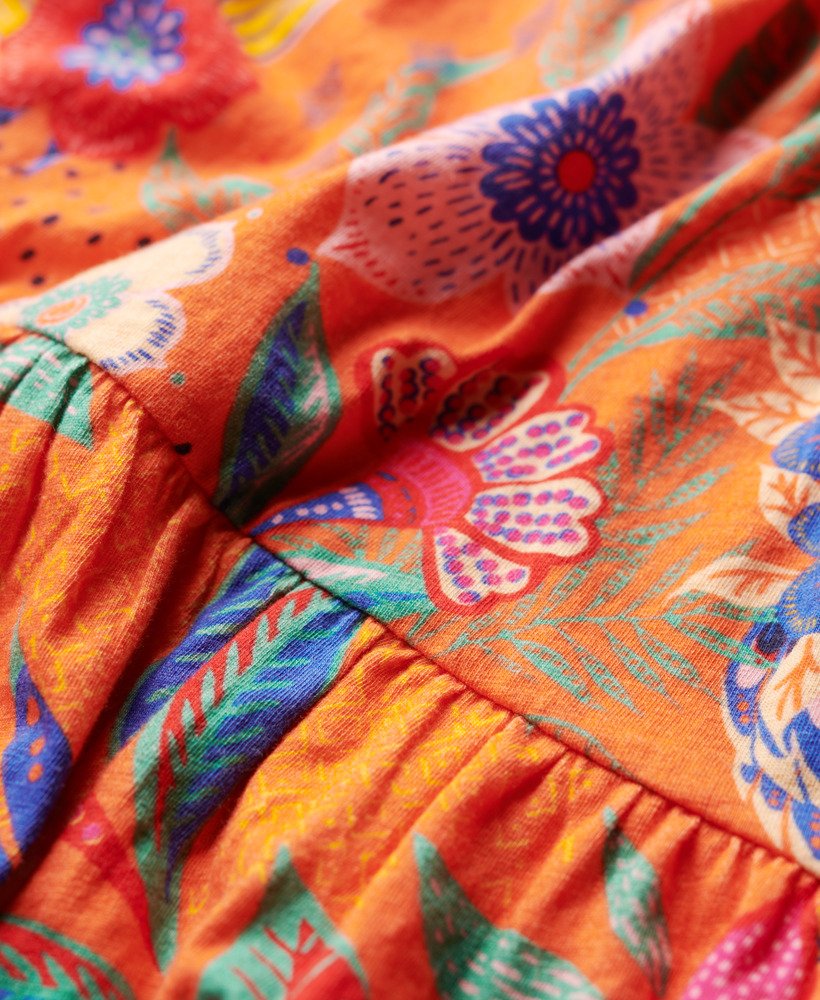 vestido longo de alcinha com detalhe franzido em estampa floral laranja vera.