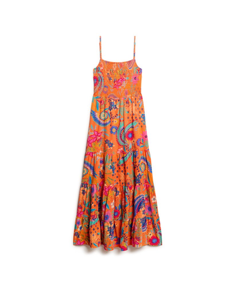 vestido longo de alcinha com detalhe franzido em estampa floral laranja vera.