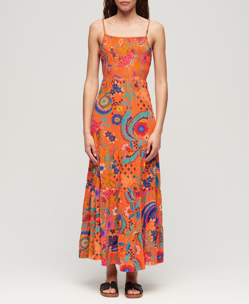 vestido longo de alcinha com detalhe franzido em estampa floral laranja vera.