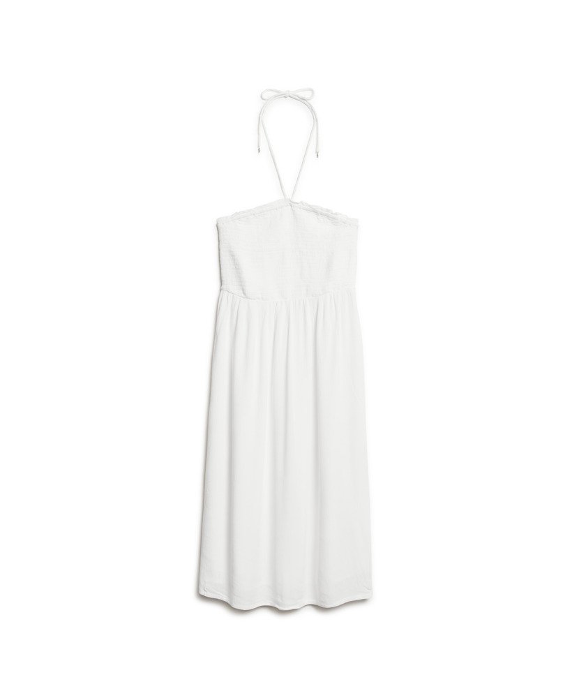 vestido midi de praia com detalhe franzido na cor branco off-white.