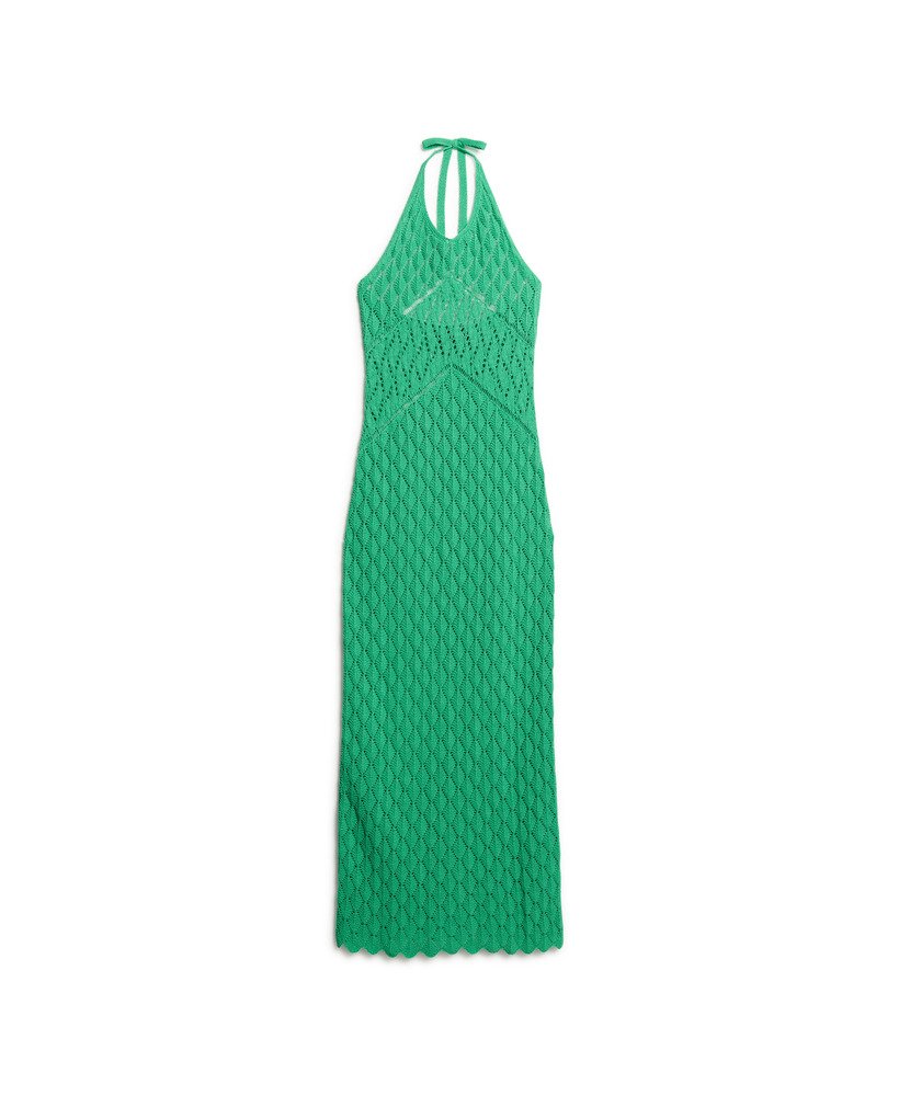 vestido longo de crochê com decote halter na cor verde-kelly.
