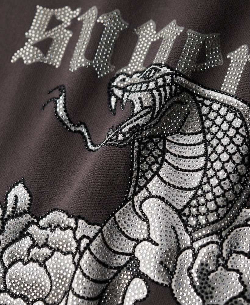 vestido com capuz e strass estilo tatuagem na cor preto carbono