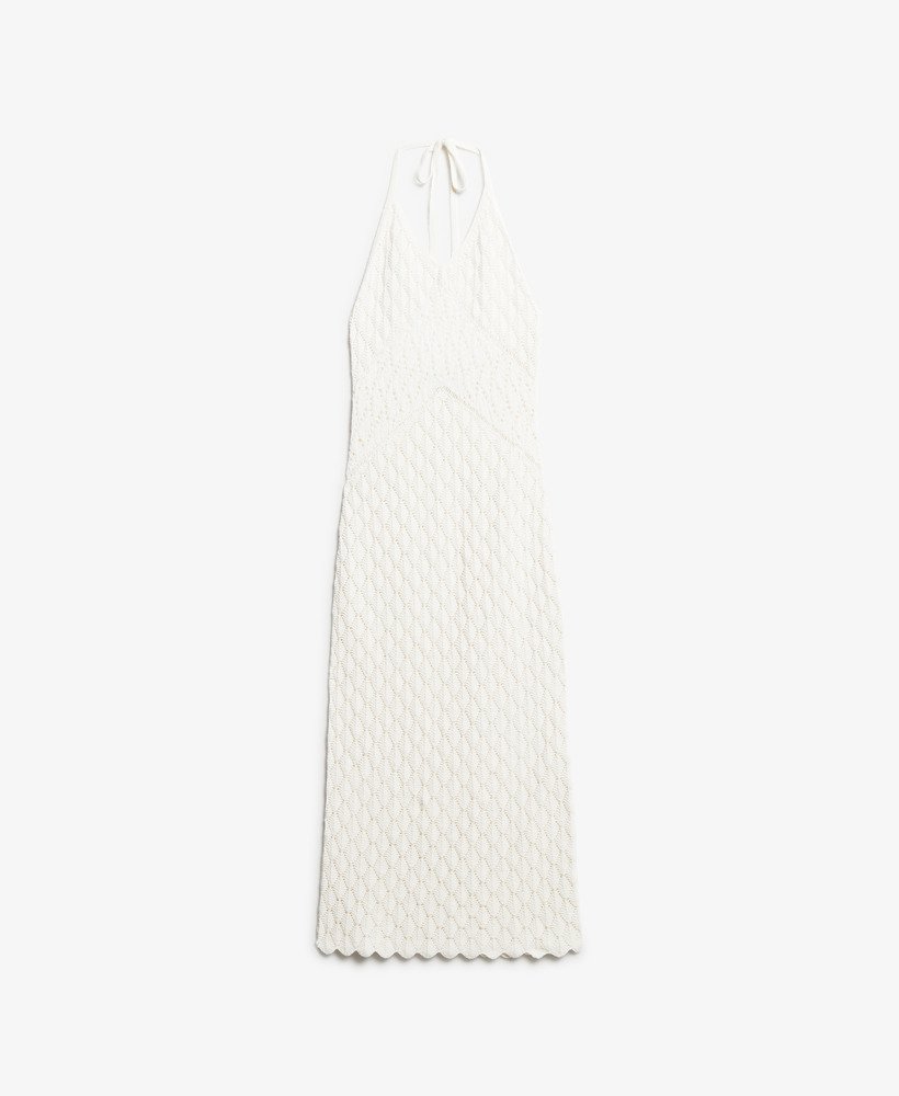 vestido longo de crochê com decote halter na cor osso do deserto ou off white.