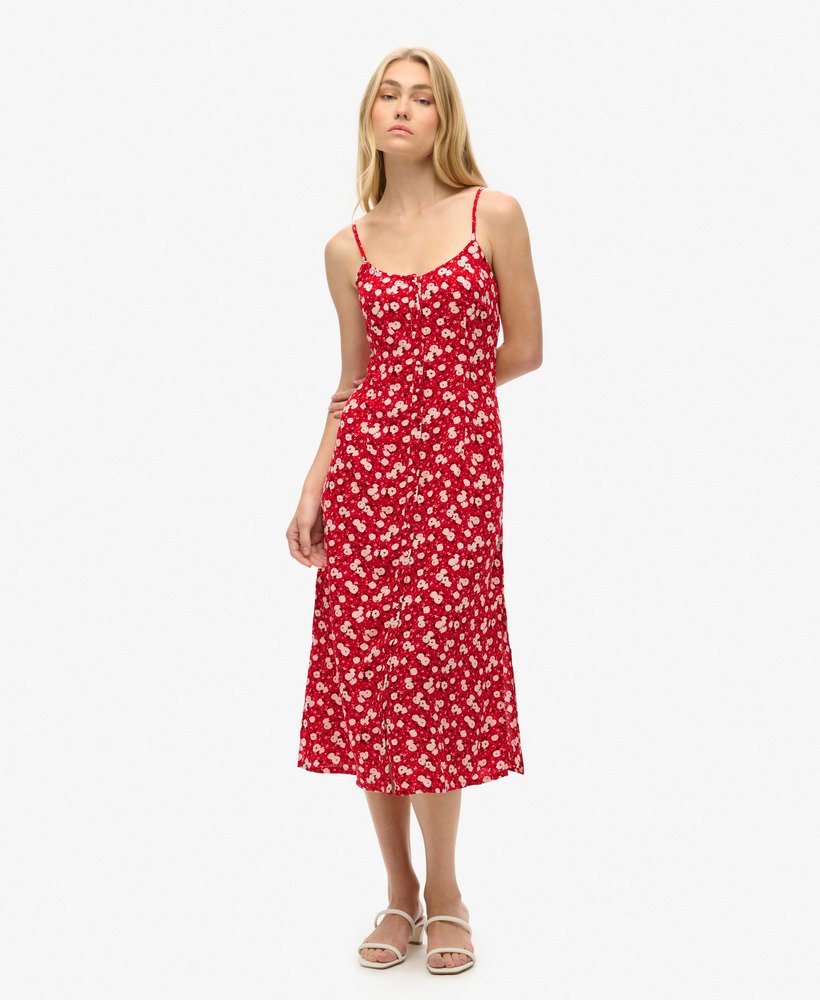 vestido midi de alcinha com estampa floral miúda em tons de rosa e fechamento frontal por botões.