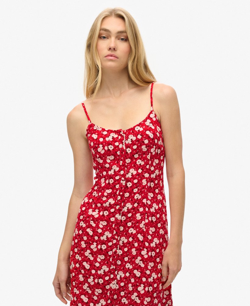 vestido midi de alcinha com estampa floral miúda em tons de rosa e fechamento frontal por botões.
