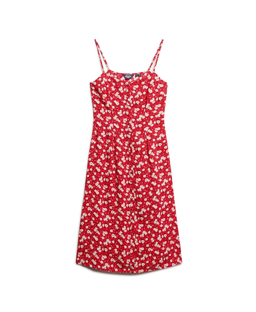 vestido midi de alcinha com estampa floral miúda em tons de rosa e fechamento frontal por botões.