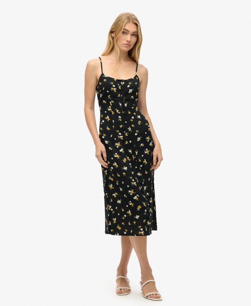 vestido midi de alcinha com botões e estampa floral candice.