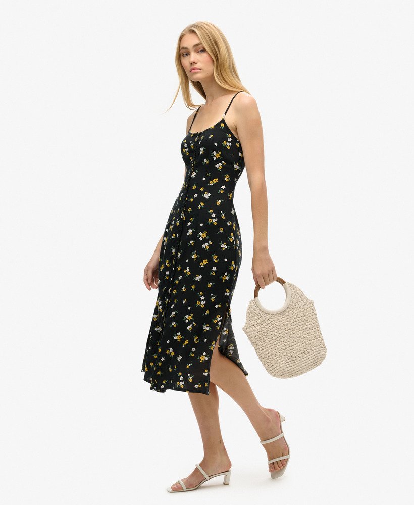 vestido midi de alcinha com botões e estampa floral candice.