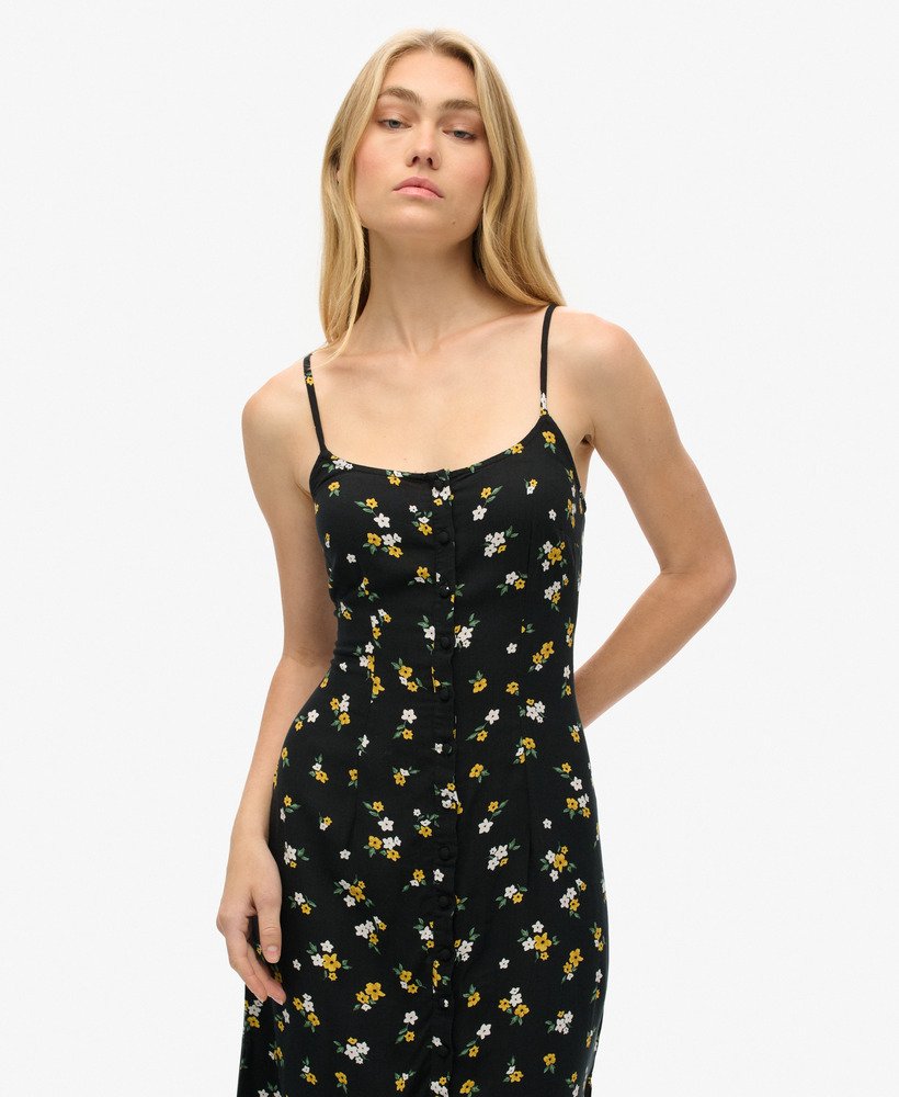 vestido midi de alcinha com botões e estampa floral candice.