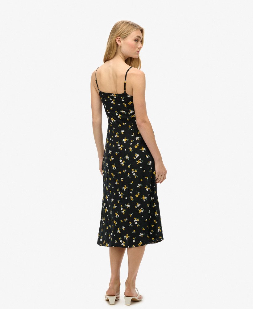 vestido midi de alcinha com botões e estampa floral candice.