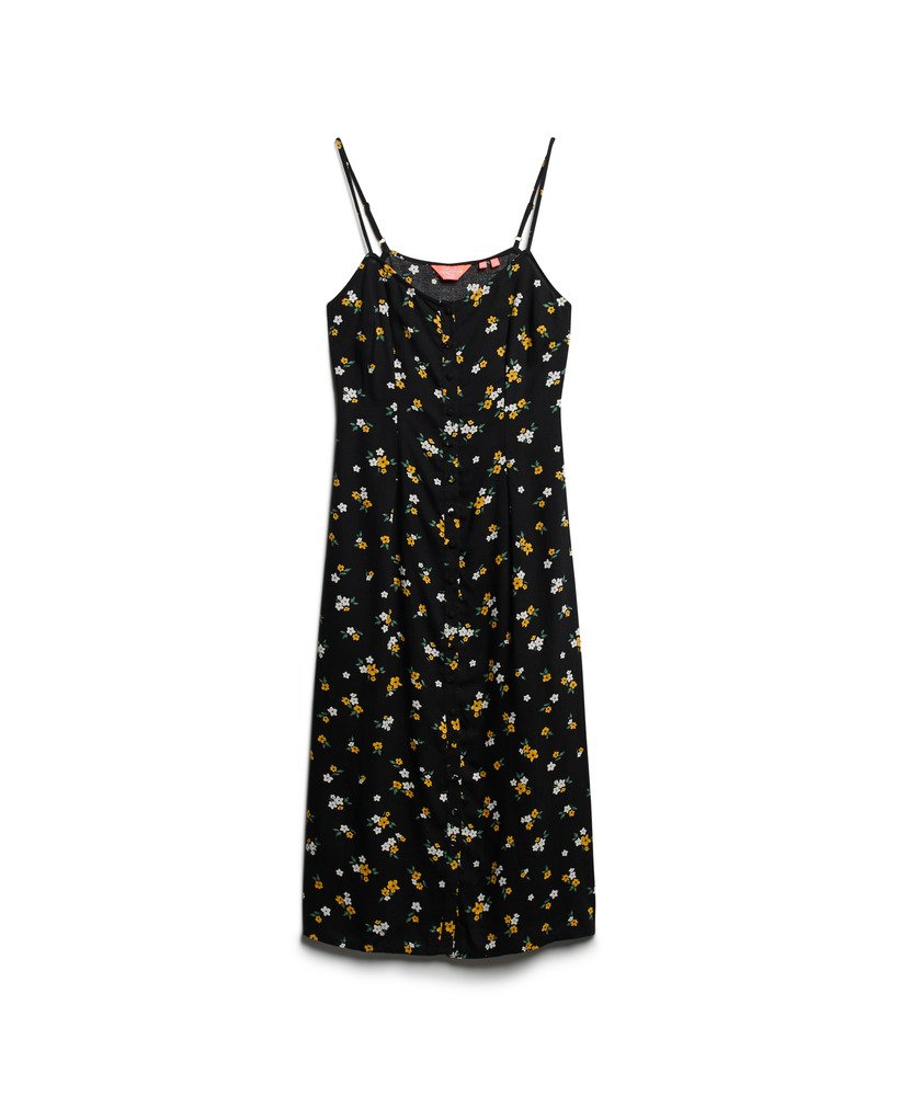 vestido midi de alcinha com botões e estampa floral candice.