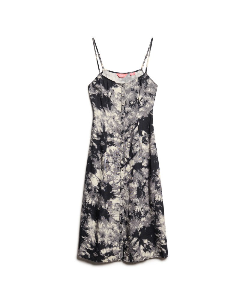 vestido midi de alcinha com botões e estampa grunge tie-dye.