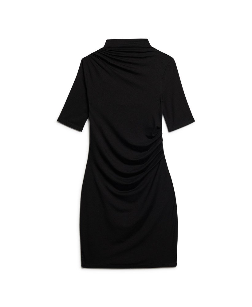 vestido curto franzido de manga curta na cor preta.