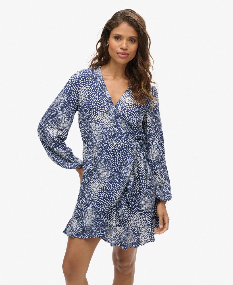 vestido curto envelope de manga comprida com estampa floral miúda azul marinho.