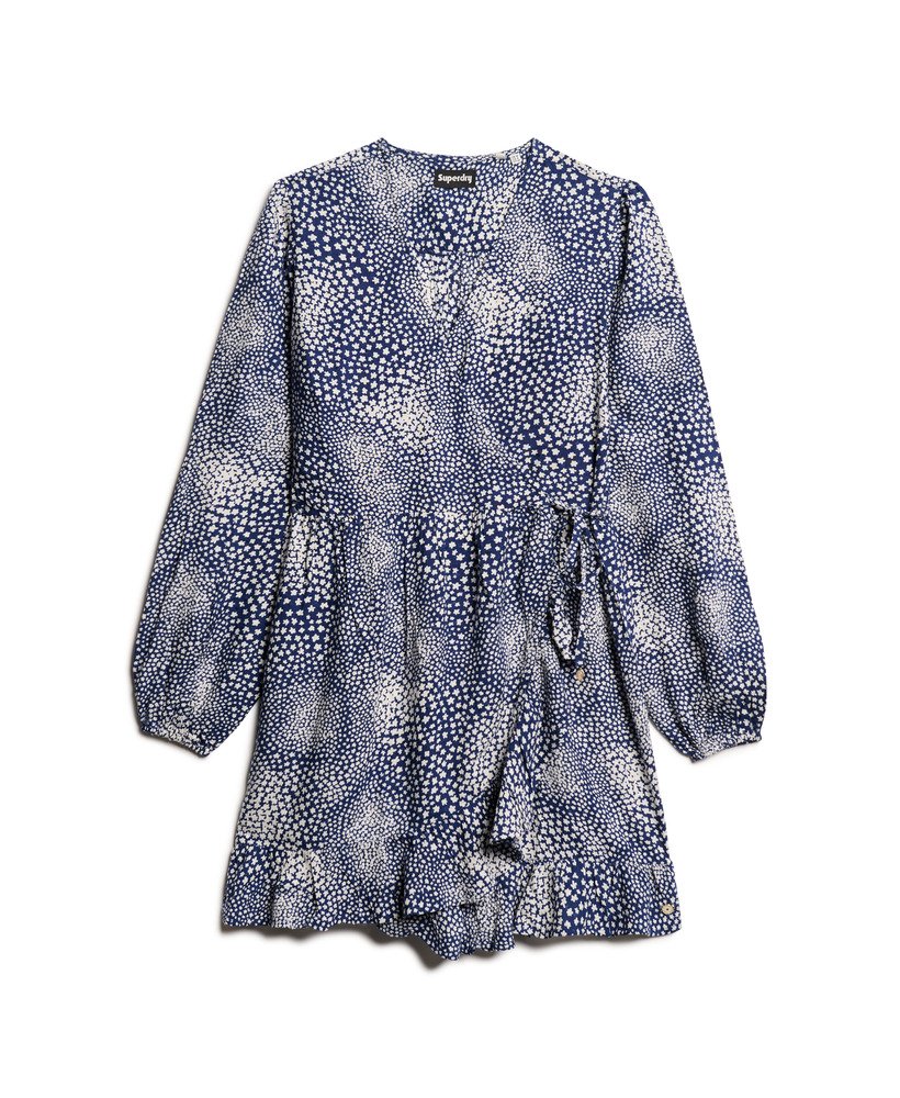 vestido curto envelope de manga comprida com estampa floral miúda azul marinho.