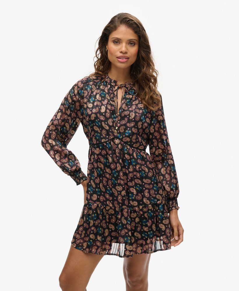 vestido curto metálico estampado de manga comprida com lenço paisley preto