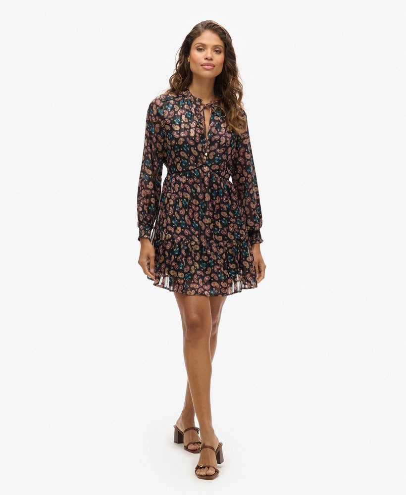vestido curto metálico estampado de manga comprida com lenço paisley preto
