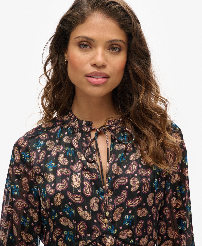 vestido curto metálico estampado de manga comprida com lenço paisley preto