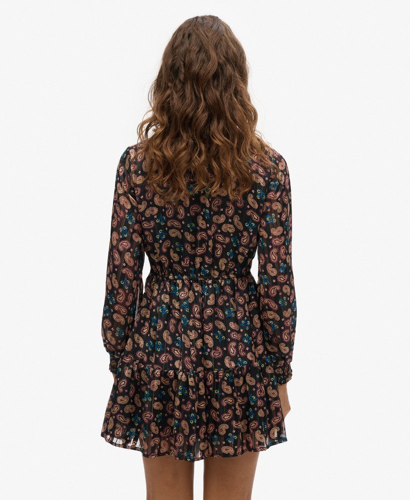 vestido curto metálico estampado de manga comprida com lenço paisley preto