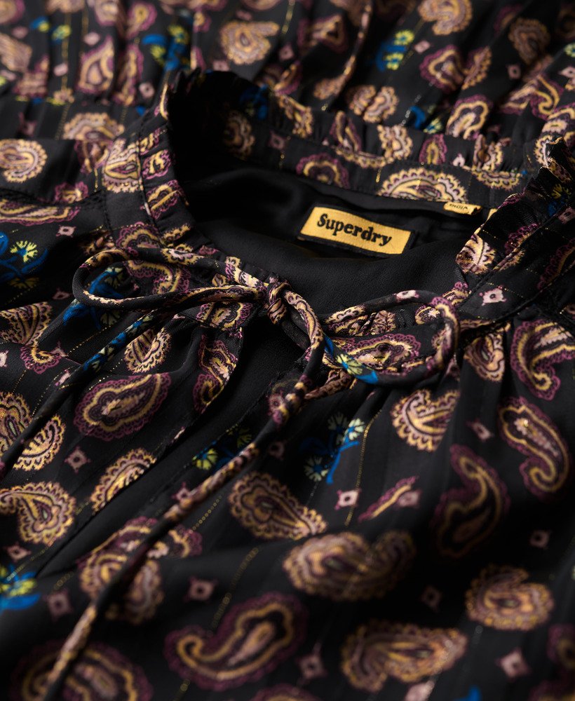 vestido curto metálico estampado de manga comprida com lenço paisley preto