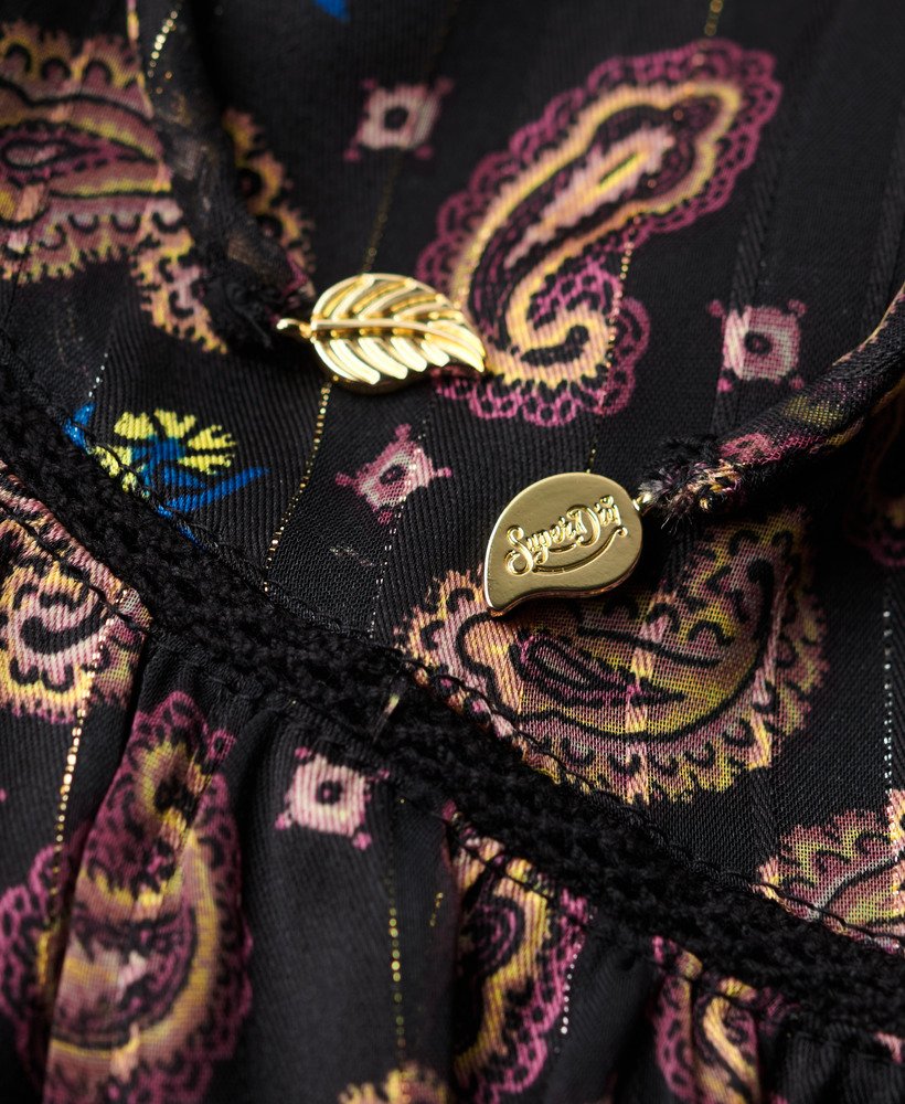 vestido curto metálico estampado de manga comprida com lenço paisley preto