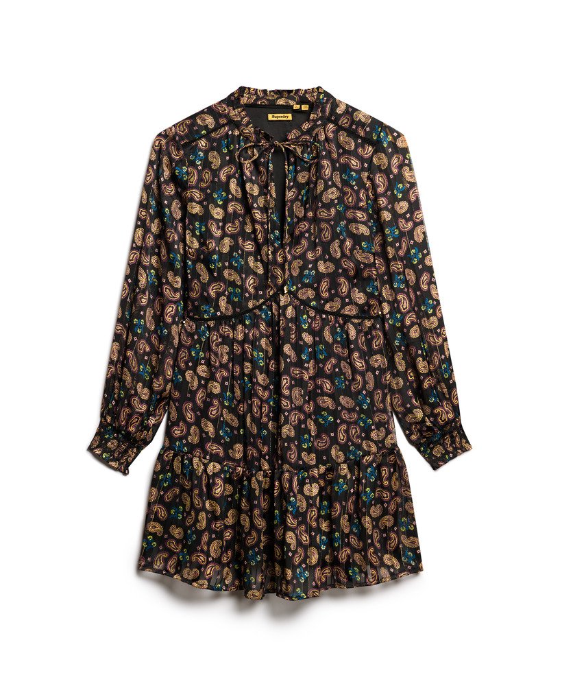 vestido curto metálico estampado de manga comprida com lenço paisley preto