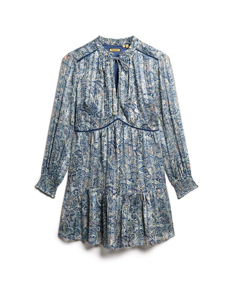 vestido curto metálico estampado de manga comprida em verde paisley com folhas.