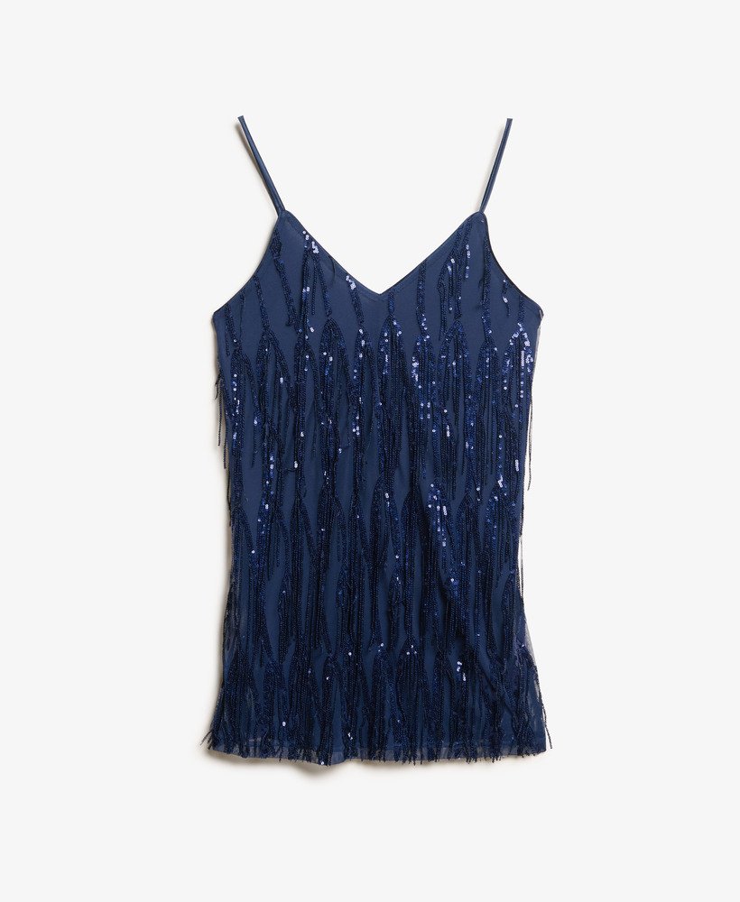 vestido curto de alcinha com decote em v e franjas em lantejoulas azul-marinho.
