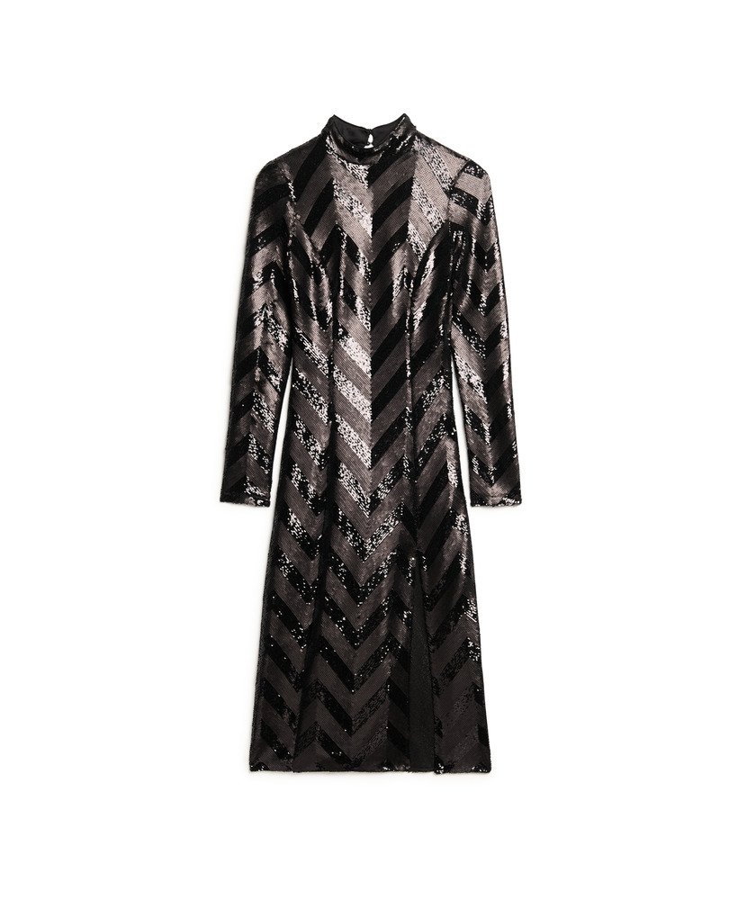 vestido midi com estampa chevron e costas abertas em lantejoulas pretas decorativas.