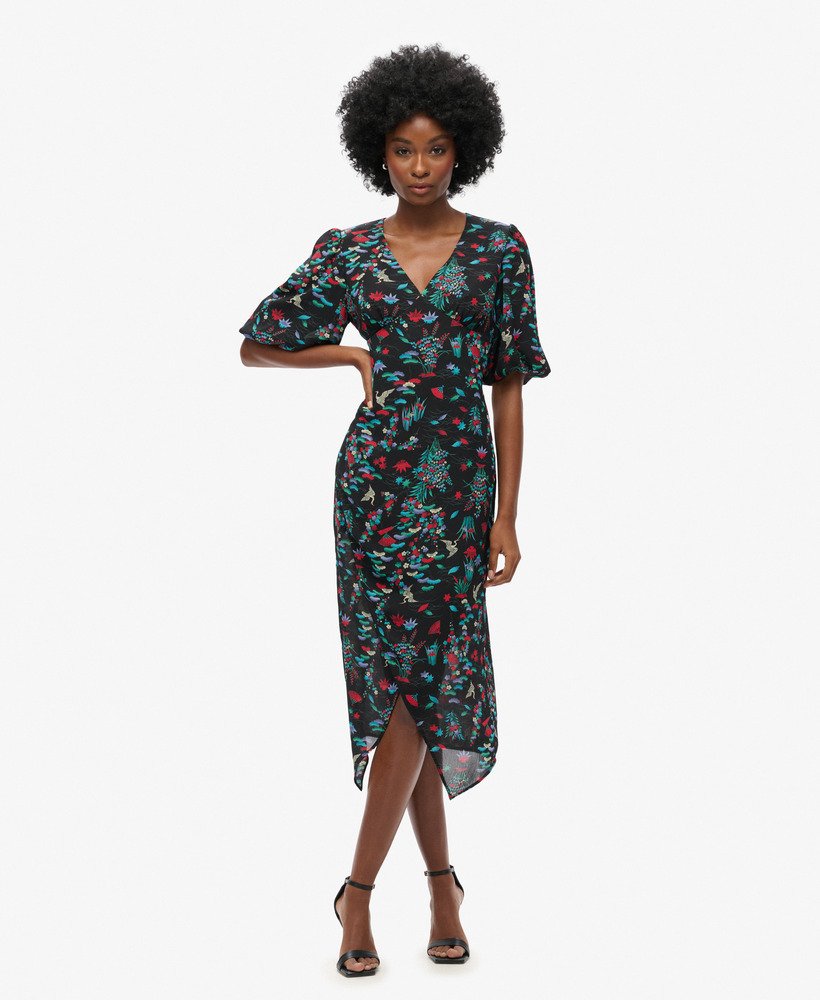 vestido midi transparente de manga curta com estampa de guindastes em preto.