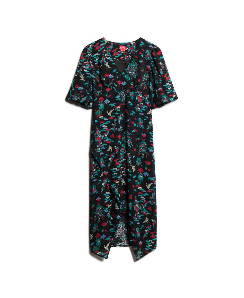 vestido midi transparente de manga curta com estampa de guindastes em preto.