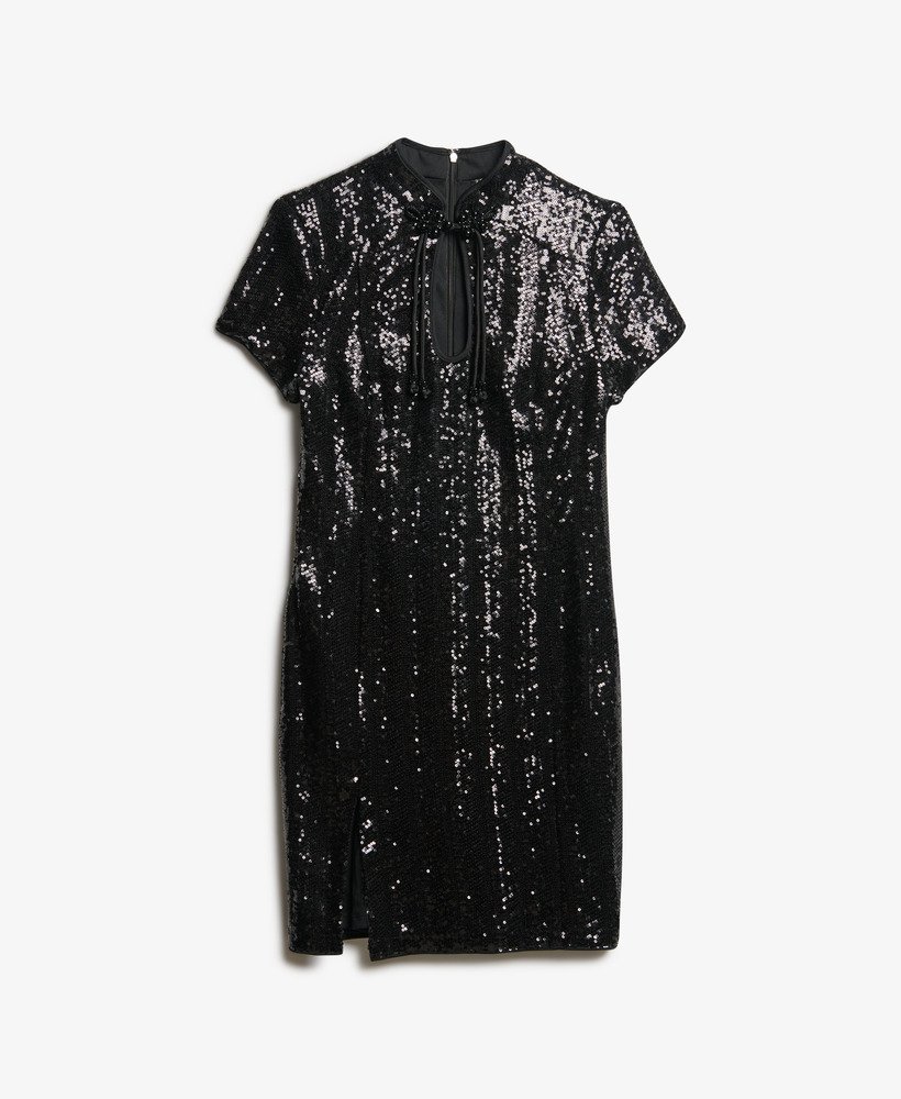 vestido curto mandarin com lantejoulas pretas.