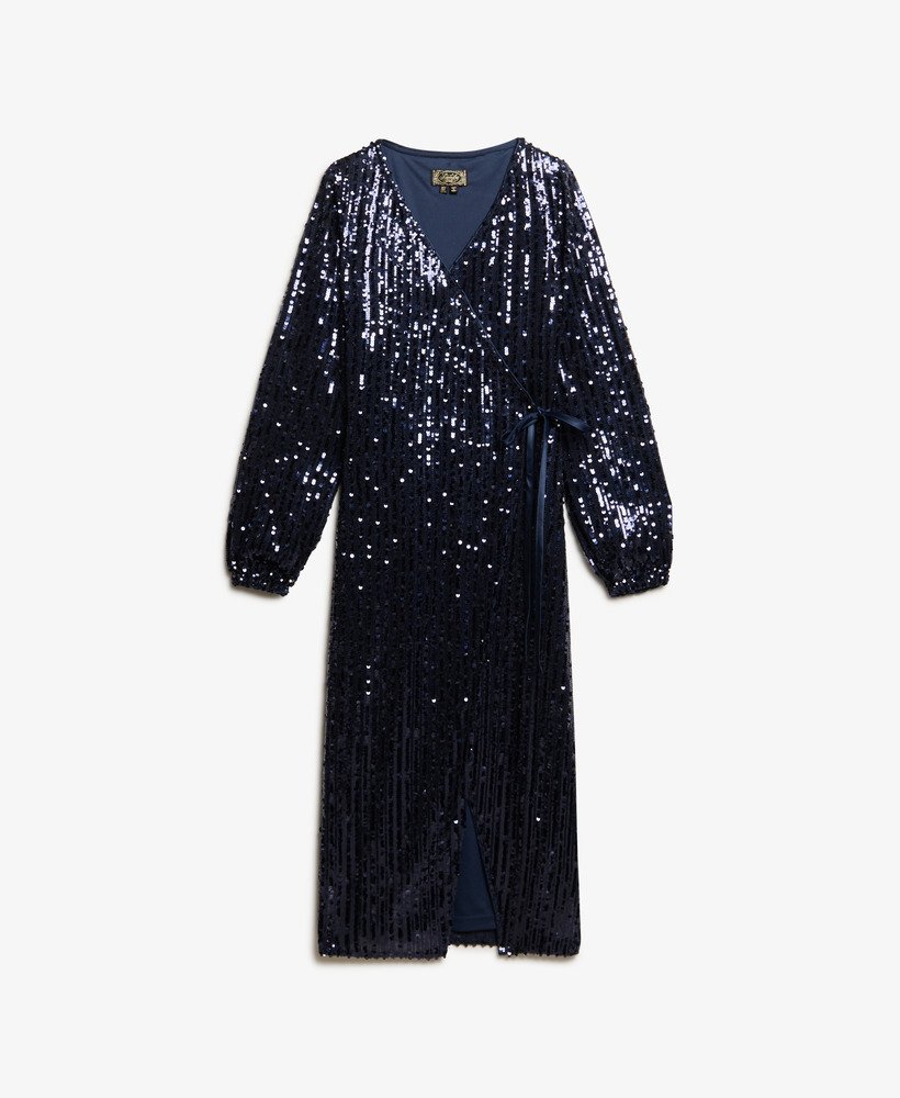vestido longo envelope com lantejoulas na cor azul marinho.