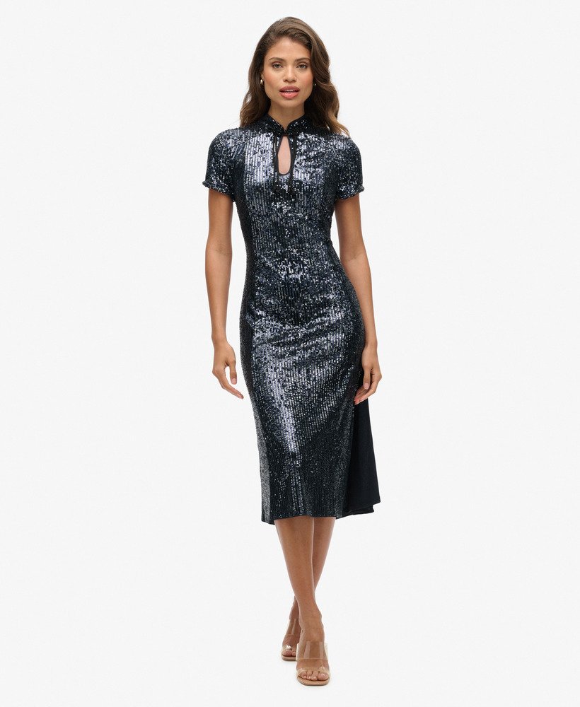 vestido midi de lantejoulas mandarim em lantejoulas cor chumbo