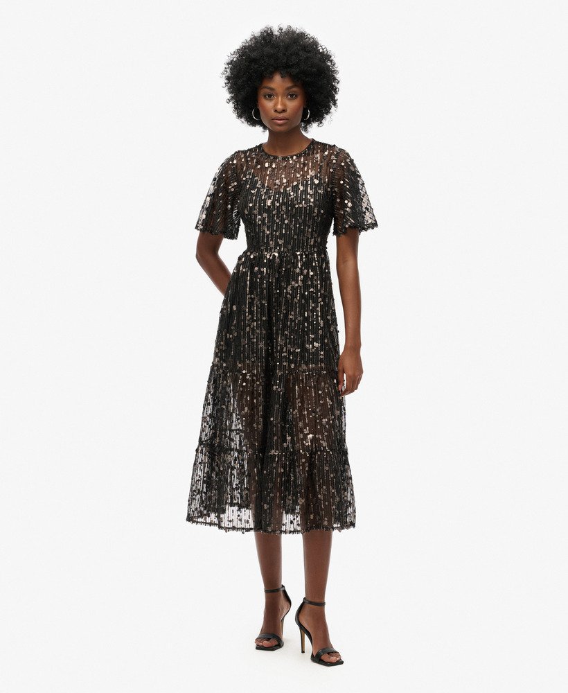 vestido midi volumoso em tule com camadas na cor cinza stadium grit.