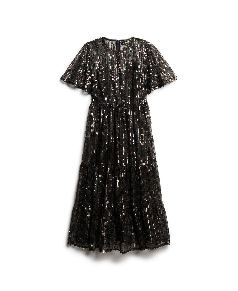 vestido midi volumoso em tule com camadas na cor cinza stadium grit.