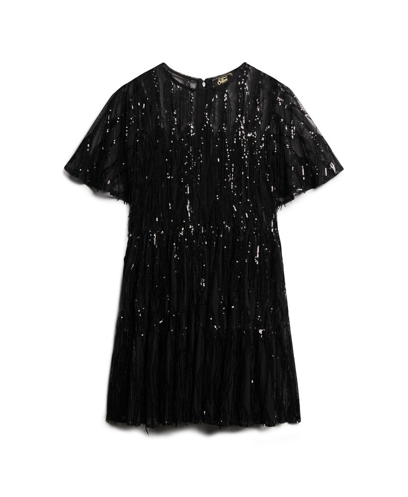vestido curto volumoso em camadas de tule com franjas e lantejoulas pretas.