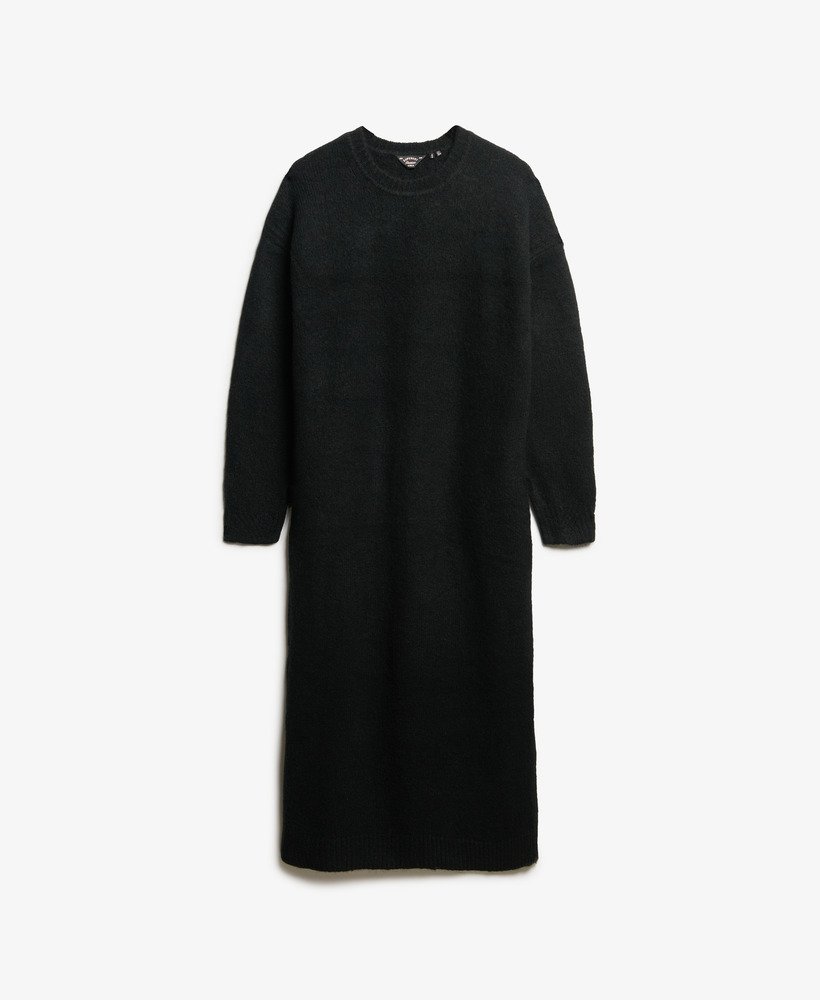 vestido midi folgado estilo suéter na cor preta com torção.