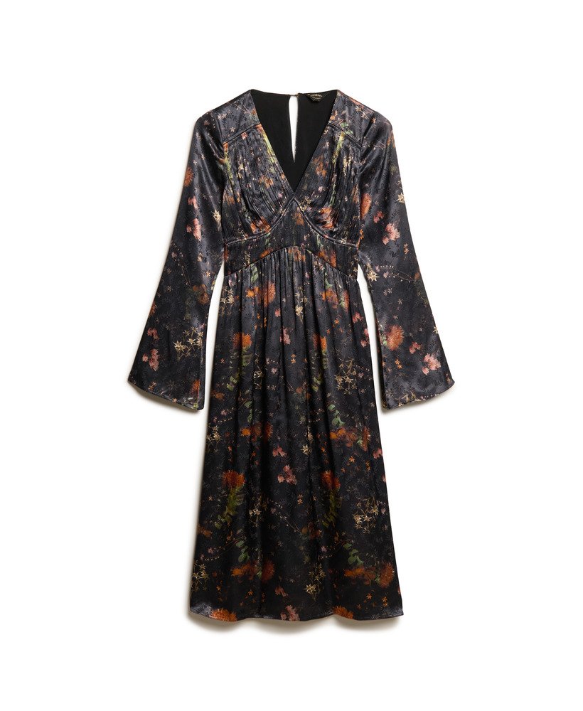 vestido midi jacquard com mangas flare na cor alpine lake black.