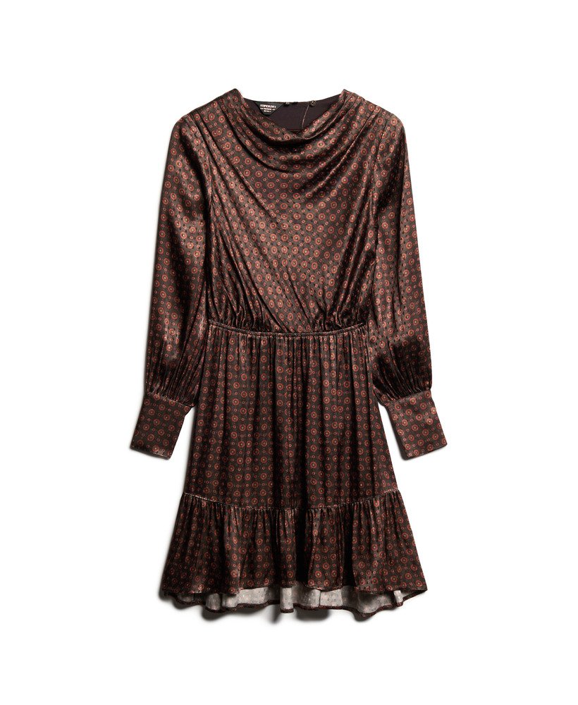 vestido curto com gola drapeada em jacquard na cor laranja com estampa geométrica.